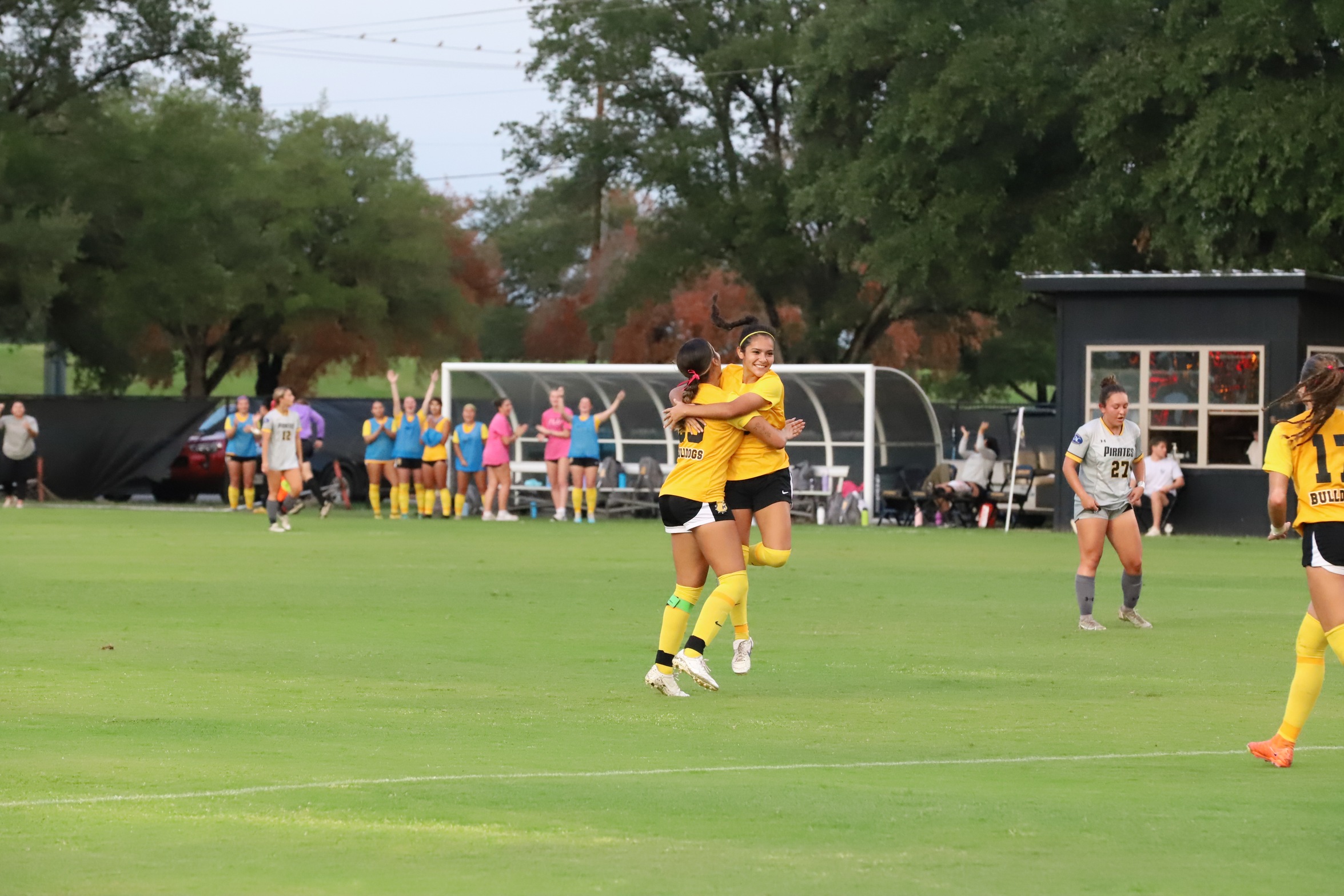 Ana Parra and Alyssa Simien embrace after a TLU goal (photo by Madi Johnson '24)